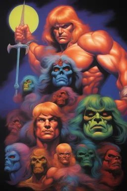 in the dead of night the bright moon shines down on a giant, extremely colorful He-Man and the Masters of the Universe facial portrait, acrylic on canvas, florescent black light poster, in the art style of Boris Vallejo,