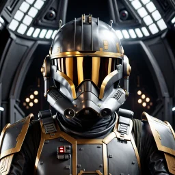 star wars bald male corellian pilot wearing gunmetal grey and black First Order special forces TIE pilot armored flightsuit and helmet with gold trim inside the jedi temple, centered head and shoulders portrait, hyperdetailed, dynamic lighting, hyperdetailed background, 8k resolution, volumetric lighting, light skin, fully symmetric details