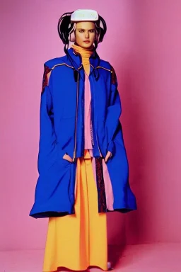 late 1990's women fashion.interesting hoodie with long tippet integrated to bolero -like attachement with pockets which goes up to a Hat with a visor with integrated headphones to it. Karjalainen kuvio, Karjala patterns. dress with strange cut. Colors: denim blue, blue, purple, khaki, "pastel light green", lilac, plum, orange, terracotta, red, pink, dark blue, beige. Women models. Starling pattern prints.Jennifer Lopez, Gwyneth Paltrow. intgrated bag. Big tennis shoes on. Cargo pants.