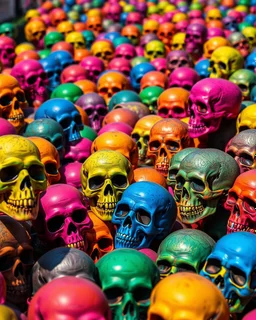 a field of skulls, multi colored, bright, vivid, psychedelic, high detailed, matte, , horrorcore, lining the street, unsettling contrast