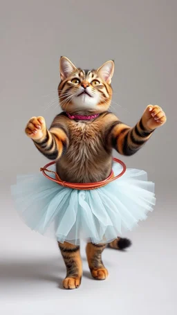 A cat dressed like ballerina playing the Hula Hoop around her waist happy and smiling