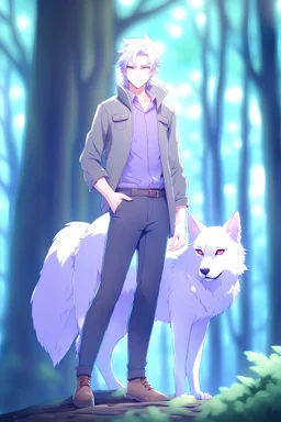 The handsome and perfect full body is on the spruce land, anime, a casual, gray-haired and lilac-eyed male character with wolf ears and a feline tail in the forest, 8K resolution, high quality, ultra graphics, and detailed with lines.