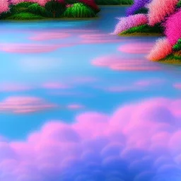 beautiful dream, mystical, cascades, delicate flowers, masterpiece, pastel colors, blue river, pink clouds,8k