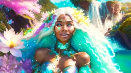 Photo realistic portrait of a gorgeous smiling skinny polynesian goddess with a golden dark shining skin, long smooth clear turquoise blue and pink white hair, blue eyes, in a sci-fi outfit with luminous strikes blowing a kiss in a hill of flowers with sakura trees, a waterfall, a crystal palace, loads of mini flowers, moss, sun rays through the branches, particles in the air at spring. Intricated details,