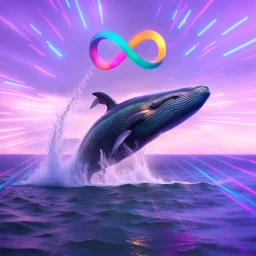 infinity symbol ∞ with vibrant powerful whale jumping out of the sea, striking, neon, chiaroscuro, dramatic, captivating, powerful, fantasy, beautiful, octane render, 16k post-production, artstation: award-winning: atmospheric: commanding: fantastical: clarity: ultra quality: striking: brilliance: stunning colors: amazing depth; lens: f/11, 35mm