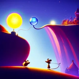 The hangman and the mouse discussing the future of the universe on bubble world, art by Pixar and Dreamworks