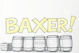 a drawing with sketch lead pencil, The word "BAXER" in yellow floating like a big sign, strong painting, strong expression, BAXER!, BAXER! the word Baxer, WOODEN CRATES AND BARRELS