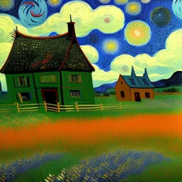 Dibujo al oleo de una pradera con una casa y unos cuervos con muchas nubes de colores estilo Vincent van Gogh