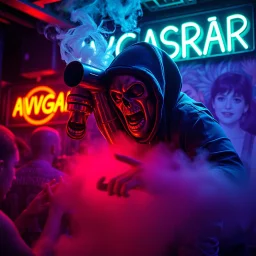 An exhaust pipe performing at dance club, his name is "exhaust pipe" and looks crazy, looks very aggressive look, Neon lights and smog, "AVGASRÖR" SIGN ON WALL