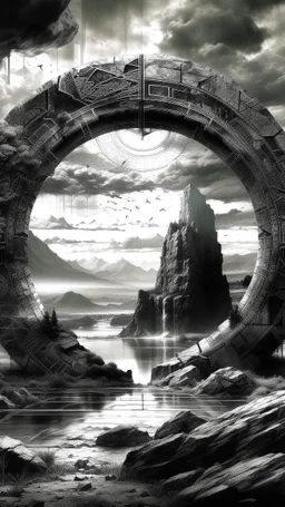 image of A rocky portal of a strange ring with strange symbols on it , the world of gray. those in the grayscale. Those beyond the portal in the color world are scary a stormy wether in the. Background in fine lines draw
