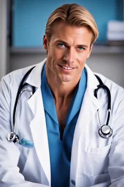 Mid-thirties, Caucasian male doctor, kind smile, blonde hair (slightly disheveled) blonde mustache, pale blue eyes, broad shoulders, muscular, six foot, Hawaiian shirt under white lab coat, bloodstains at the edges of the lab coat. Strong Jaw line, surrounded by shadows, photo realistic