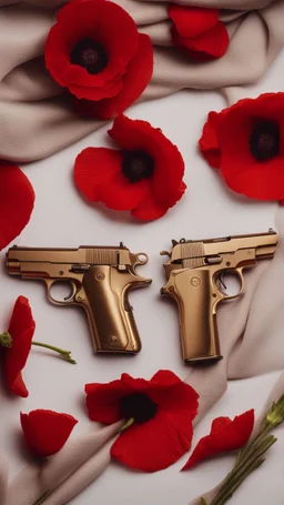 Two gold pistols and a red notebook on a white scarf. A bed of red poppies. Close-up from above.cinematic