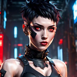 female assassin with a pixie cut hairstyle, short spiky black hair, black pushup bra, choker, black leggings, red eyes, cyberpunk style, video game character