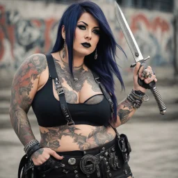 Picture of a photrealistic, lifelike,young 33 year old chubby extreme tatood girl with big scary knifes in her hands and a 46 years old extreme tatooed woman, dressed in gothpunk clothing and boots,