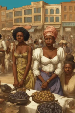 Visualize the bustling slave market in major U.S. cities. Show the duo dominating the trade, with emphasis on the transportation of 10,000 people. Include imagery of the "fancy girls" and their high market value