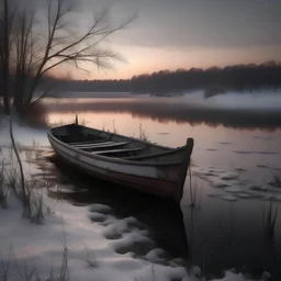 the lake is still, abandoned boat, sweet charm at dusk, airy snow falling --style pOlPZW2fifXPm