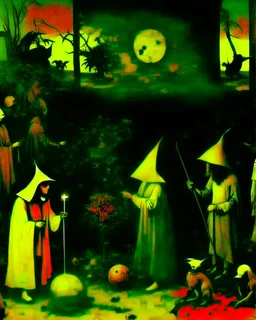 some mysterious figures, odd background, cinematic, Hieronymus Bosch, Max Ernst, vegetal life, rotten, ambient light, cry, ritual