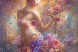 woman in bubblebath, wet on wet + sunrise, petals, watercolor patchwork by Daniel Merriam, Josephine Wall. elegant beautiful watercolor aquarelle