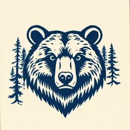 M shaped bear head combined with woods silhouette in backround, letterpress style block print with indigo ink on creamy paper texture, strong contrast