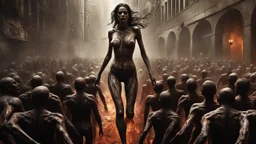 a horrifying female banshee leading an army of rotting zombies through burning city. the naked truth. fantasy setting. h.r. giger. armor melted into the skin. blood. intense horror. blind terror. scared to death. a masterpiece, fantasy concept art, dynamic lighting, hyperdetailed, intricately detailed, deep color, Unreal Engine, volumetric lighting, Epic cinematic brilliant stunning intricate meticulously detailed dramatic atmospheric maximalist digital matte painting