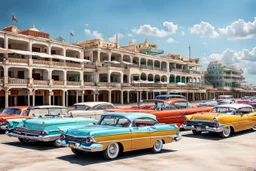 Fotorealistisch Parkplatz an der Promenade von Havanna vollgeparkt mit Chevrolet Impalas von 1959 und 1960, Chevrolet Nomad von 1957, Chevrolet Bel Air von 1954 und 1955, Ford Fairlane, Pontiac Safari, Buick Roadmaster, De Soto Fireflyte, allesamt mehr oder weniger heruntergekommen in prallem Sonnenlicht, im Hintergrund das Meer