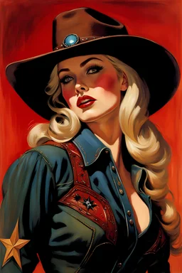 (blonde cowgirl 30 yo with long eyelashes and eye shadow) in Tombstone, AZ 1898, by Gil Elvgren, Alex Ross, and Carne Griffiths