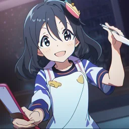 Clear focus, High resolution, a anime kid, cute, cartoony style, smiling, anime screencap, hair between eyes, holding a pencil, small forhead, female, medium length hair