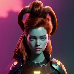 Pretty cyber woman, redhair, sci-fi, rounded face, black, gold, brown, samurai style, retro, simetric, neon style, a lot of led lights, fog, rain, leather coat, vibrant color, highly detailed, art stations, concept art, smooth, unreal engine 5, god rays, ray tracing, RTX, lumen lighting, ultra detail, volumetric lighting, 3d, finely drawn, high definition, high resolution.