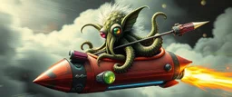 hairy macho gremlin octopus aliens living in a hi tech marvellous hot dog art graphics and gems on rocket with a mounted sling shot mega harpoon, heading for venus , background motion blur and smoke swirls