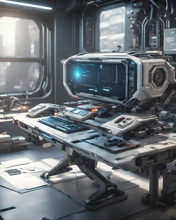 futuristic computer table hitech technological gadgets HAWKEN photorealistic uhd 8k VRAY highly detailed HDR