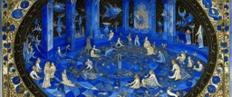 A dark blue chaotic realm with pixies designed in ancient Roman mosaics painted by the Limbourg brothers