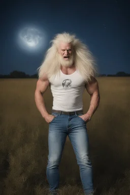 an extremely muscular, extremely hairy, long-haired albino werewolf wearing jeans and a t-shirt, in a field, Botany, Starry, Moon lit, Retro Pop, Dark Fantasy, Horror, Festive, Realistic - 32k, UHD, professional quality, 8 x 10 digital photograph