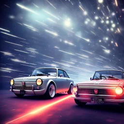 fiat 125p, city. high speed. bokeh. lens flare. warm lights. high detailed