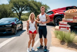 make a pic with very short hair bodybuilder Knut Spildrejorde from Norway, and his fitness wife blonde hair Jeanette, they are standing front of his new red car Chevrolet Camaro, very busy highway in sunny Austin Texas in the background, lot of stacks with pizza boxes on ground