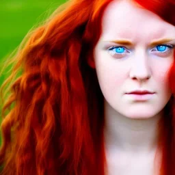 face of a young irish woman head and gaze downcast with fine features and long red hair