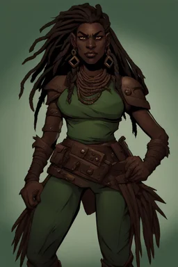 dungeons and dragons character portrait of a beast human female warrior with black skin and dreadlocks and thick eyebrows and big nose and big fangs and green eyes. Make her fangs visible.