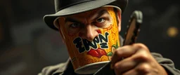 close up portrait of a ramen bucket that looks like a chain saw wielded by serious angry law man, in cinema