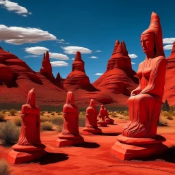 Red badlands in scorching heat designed in Hawaiian tiki statues painted by Michelangelo di Lodovico Buonarroti Simoni