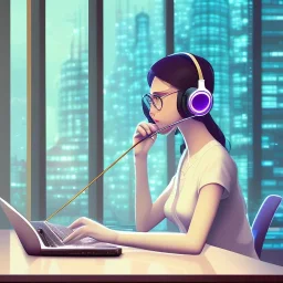 a side view of a beautiful girl sitting on her desktop writing something, headphones on, hand on her chin, nightlamp, digital art, anime, studio ghibli style, window and city background, portrait