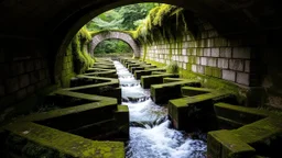 Water flowing through a series of geometric stone channels in an ancient Roman aqueduct, overgrown with moss and ferns in a dense forest.