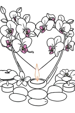outline art for visually rich appealing heart ikebana orchids plumeria spa rounded stones around candles, coloring page for kids, white background, fit to page, only use outline, clean line art, no shadows, clear and well outlined