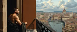 man is watching the city from the balcony painted by Caravaggio