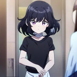 Clear focus, High resolution, short black fluffy hair, purple eyes, long spiky locks, wearing a black sweater with a white collar, wearing a white skirt, anime screencap