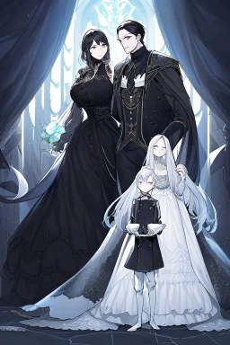 A beautiful young woman with long white hair and blue eyes, pale skin with opal freckles. Wearing a black dress. A man with long black hair in a Victorian suit. Couple.