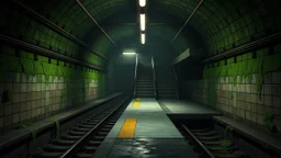GAME CONCEPT ART .two poin perspective.Station platform and stairs .Inside the old subway tracks, . Low light and closed green moss walls. Like the original design of the game space ,digital art.landscape,far camera old painting,2 Chen and George Hopper, Rembrandt lighting, a dark green color scheme, ethereal light. --ar 13:16 --v 6. 0 metro game