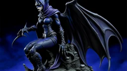 A mysterious female figure perches on a Gothic gargoyle. Her sleek costume blends bat-like wings with armored panels, shimmering in deep purples and blues. A cowl frames piercing eyes that glow with an otherworldly light. Her cape billows dramatically in the night breeze, transforming into a swarm of bats at its edges