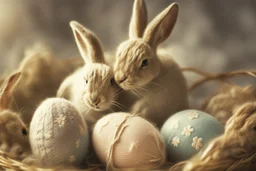 photorealistic image, browned, faded, last century style photograph with knitted and embroidered rabbits, painted Easter eggs in basket, flowers, in sunlight, edges of image appear burnt, ethereal, cinematic postprocessing, bokeh, dof