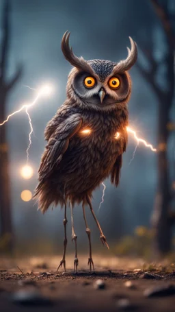 horror weird owl bear elk alien bird walking on stilts, getting hit by lightening electric arc, with big disturbed eyes,bokeh like f/0.8, tilt-shift lens 8k, high detail, smooth render, down-light, unreal engine, prize winning