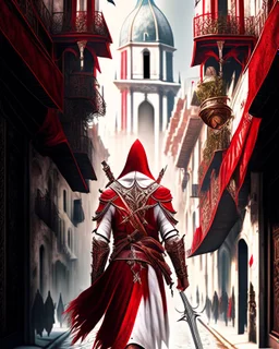 Assassin creed con dagas y espadas caminando de frente por Venezia arte digital hiperdetallado detalles intrincados obra de arte rojo blanco 8k