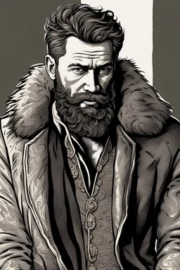 man, medieval, fighter, russian, croocked nose, czar, rich, simple clothes, short messy hair, thick beard, oligarch, leather coat with fur, brocade clothes, pencil drawing, black or red hair, muscles, background frame, 28 years old